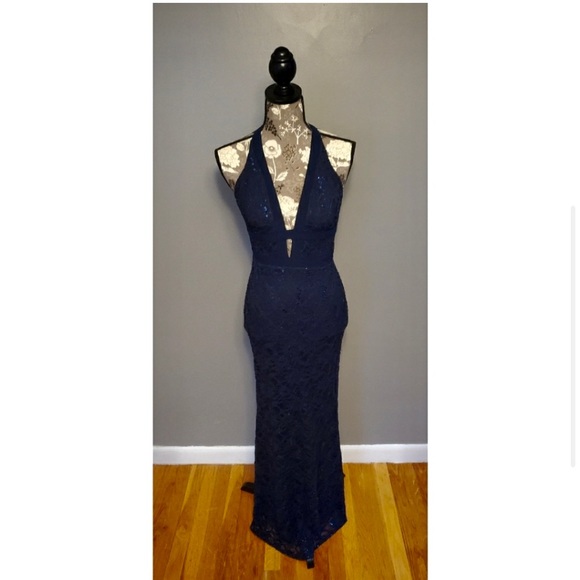 B. Darlin Formal Prom Navy Blue Maxi Dress Gown Lace Sequin Open Back Size 3/4 - Picture 5 of 9